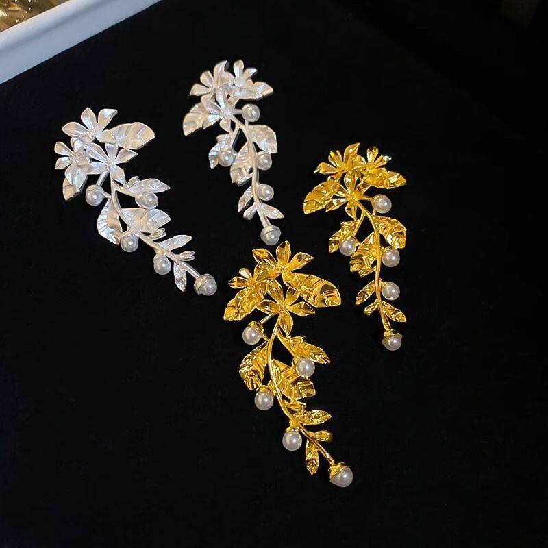 时尚花朵树叶珠珠耳环女2025新款小众高级感耳饰夸张轻奢复古耳钉