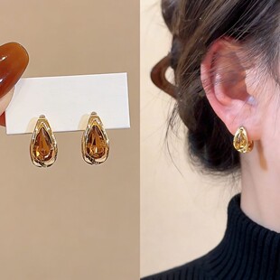 铜合金耳饰 气质百搭耳环轻奢高级感耳饰品 复古金色水滴耳扣新款
