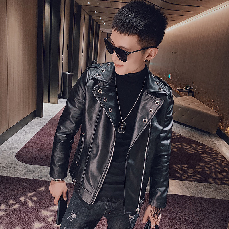 潮牌修身PU皮衣外套男社会小伙休闲帅气皮夹克男P810P115加绒P125,男装夹克,电商A368