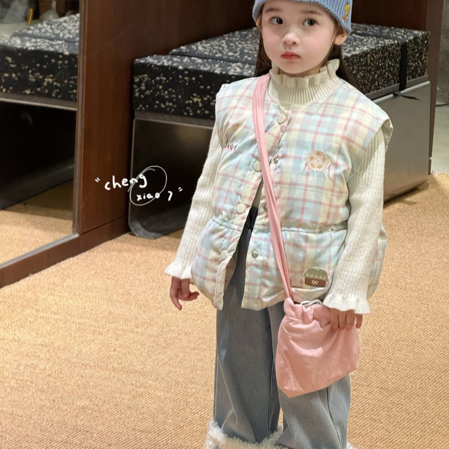 萌宝童装2025秋冬新款女童小童韩版格子羽绒马甲打底衫加绒牛仔裤