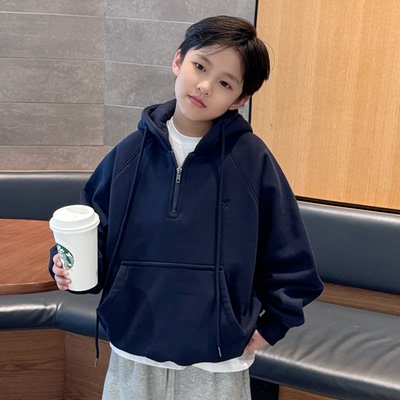 男酷帅半拉链套头加绒卫紫色上衣