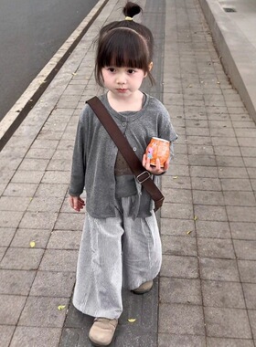 女童韩系高级感开衫外套2026春秋季儿童灰色卡通吊带阔腿裤两件套