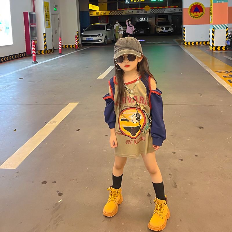 女童春装T恤裙2025新款中大童女孩韩版中长款洋气露肩长袖上衣潮