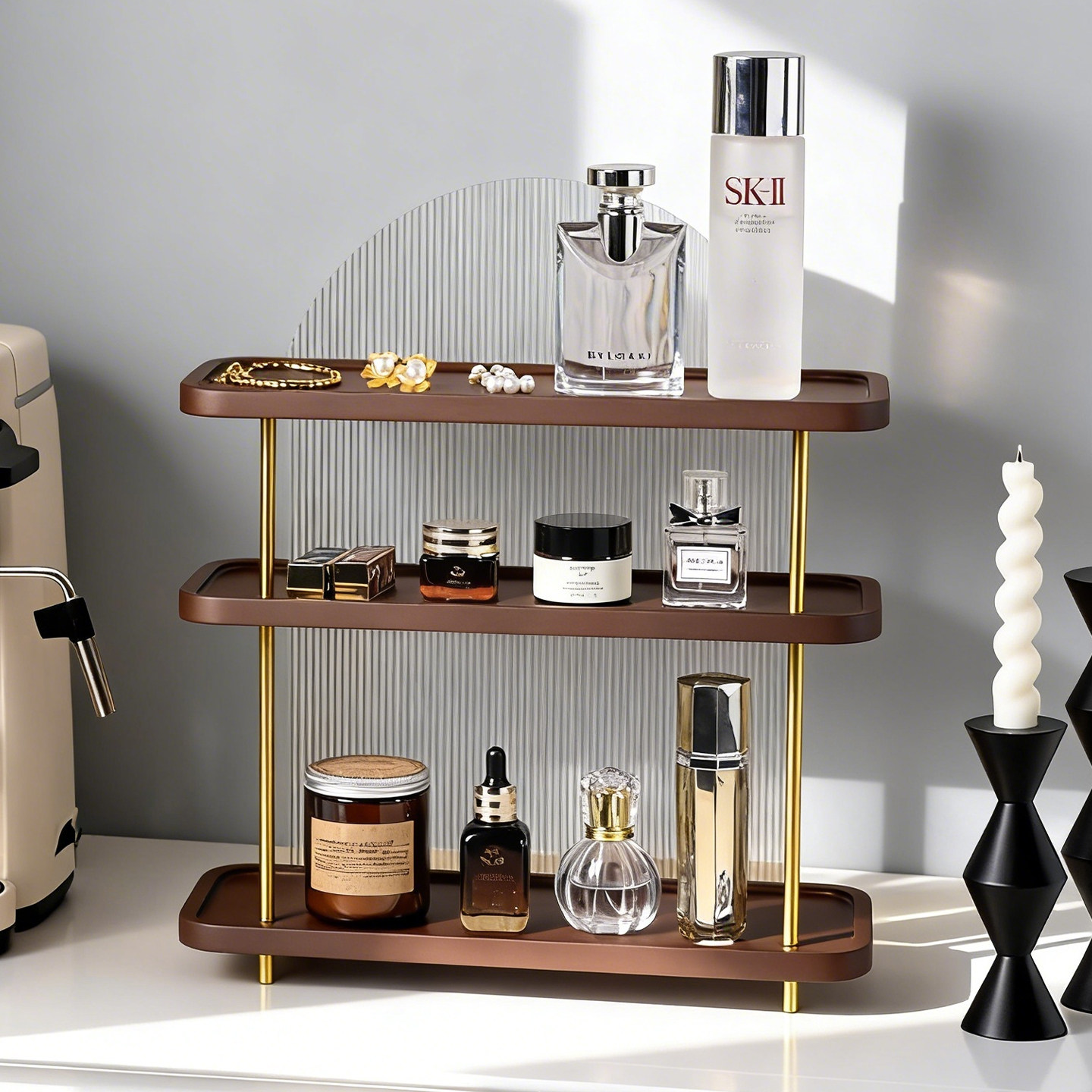 胡桃木置物架桌面整理中古风实木高级感杯子护肤化妆品收纳展示架
