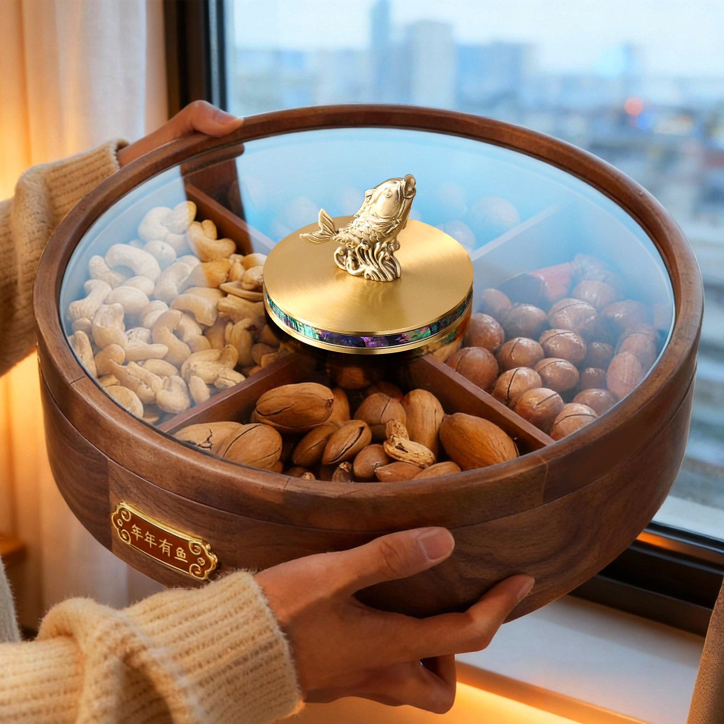 实木轻奢高端干果盘糖果盒坚果收纳盒家用过年高档茶几零食水果盘