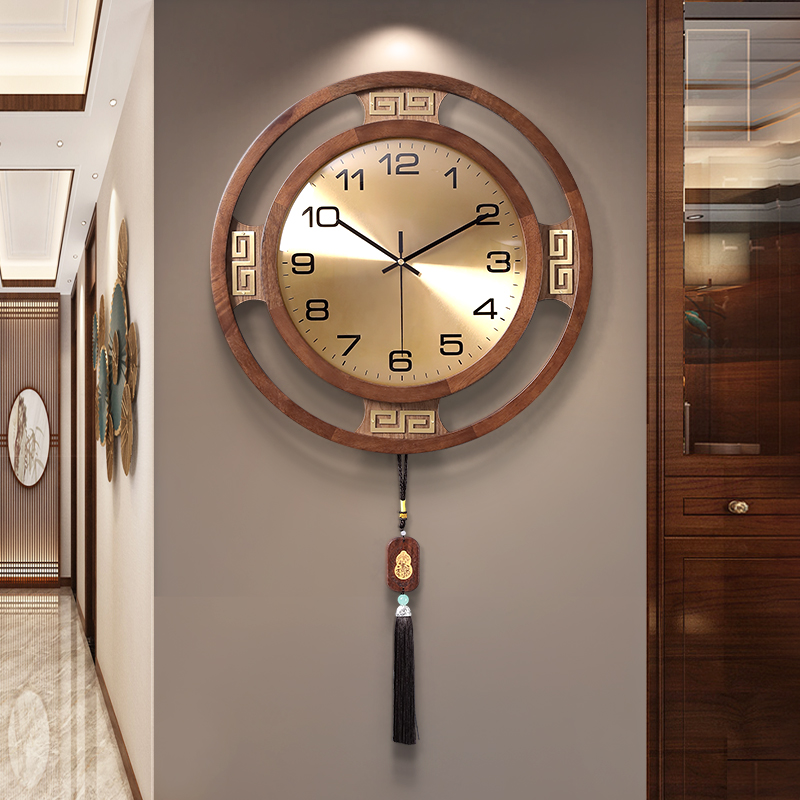 新中式实木铝面贝壳免打孔挂钟