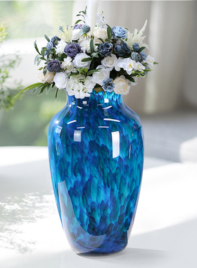 轻奢复古花瓶摆件客厅珐琅高级感玻璃装饰蓝色插花陶瓷高端工艺品