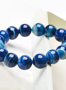 天然蓝纹玛瑙手链缠丝条纹玛瑙蓝玉髓圆珠手串手链缠丝玛瑙