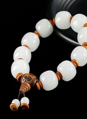 天然金丝玉桶珠手链 白玉石英岩玉老型珠手链