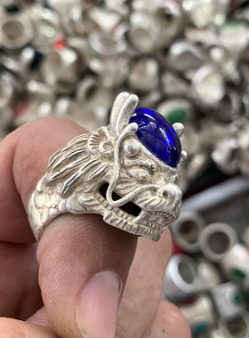 古玩臧银龙头款式扳指 蓝色玛瑙民族饰品 戒指复古