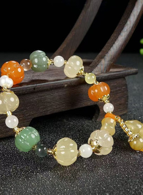 金丝玉南瓜珠手链玉石葫芦配珠手链中式复古风格