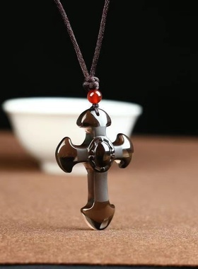 天然冰种黑曜石十字架吊坠玉石黑曜石男女款挂坠项链时尚挂件礼物