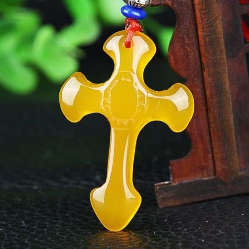 天然黄玉髓玛瑙十字架吊坠 玛瑙十字架项链毛衣挂件礼物