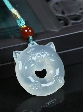 天然冰种玛瑙招财猫吊坠 卡通猫玉石吊坠高冰玉髓如意猫吊坠项链