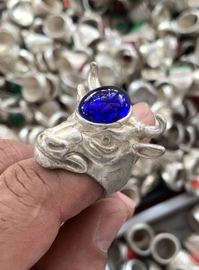 仿古臧银戒指 蓝色玛瑙羊头款民族饰品戒指 复古