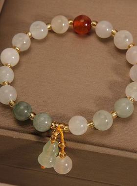 金丝玉手链葫芦配珠石英岩白玉手链红配珠