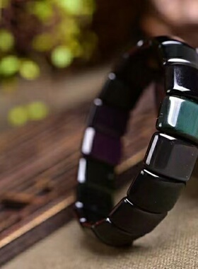 天然黑曜石彩虹眼手排弧形黑曜石水晶手排手链 精美饰品