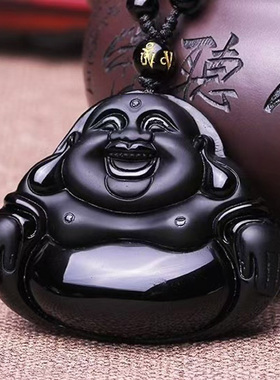 天然黑曜石弥勒佛吊坠 冰耀石笑佛吊坠 玉石饰品
