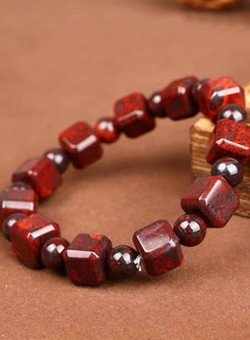 天然鸡血石方块方糖块珠手链 红色玉石陨石方块珠手链