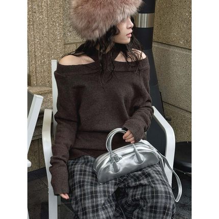 叙漫春季新款韩系时髦设计感挂脖一字露肩长袖毛衣宽松廓形女上衣