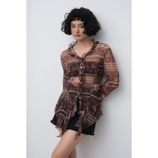 女春夏高级感轻奢小衫 NEIHE内赫2026新款 度假风出片压褶透视衬衫