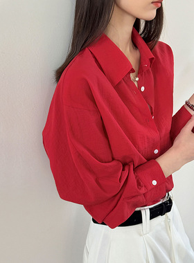 2026春夏季新款韩系高级感白色衬衫外套女红色防晒别致绝美上衣