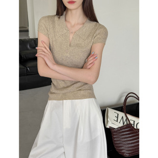 显瘦打底衫 针织T恤女修身 上衣 韩系设计感翻领短袖 2026春夏新款