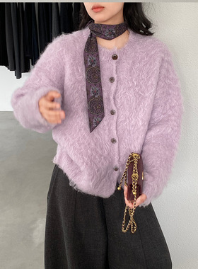 江左韩系慵懒风软糯紫色拉毛毛衣女2025冬装新款温柔针织衫上衣