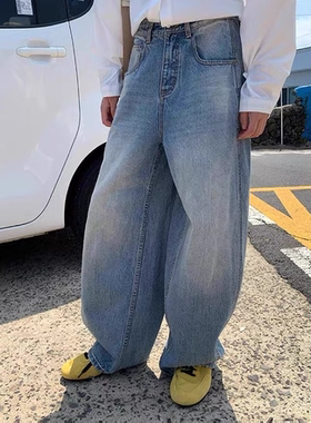 NEIHE内赫春装新款休闲宽松弯刀廓形牛仔裤女复古显瘦阔腿裤长裤