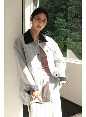 NEIHE内赫2026春季新款中长款女牛仔拼接外套撞色翻领高级感上衣