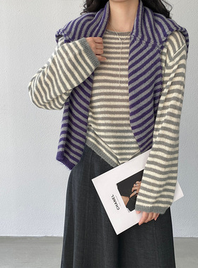 2026新款韩系休闲感撞色紫灰条纹针织衫女早春宽松慵懒上衣