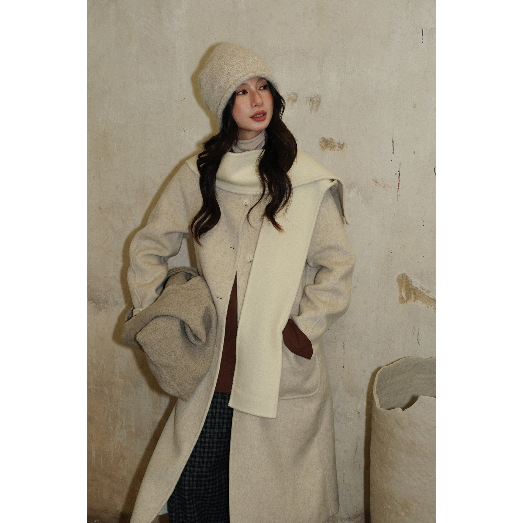 NEIHE内赫无领帽子围巾双面呢子羊毛羊绒外套冬季新款高级感大衣