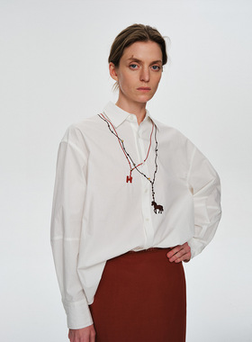 COMOS CMS新款棉麻绣花项链女长袖衬衫春季衬衣刺绣高级白色衬衣