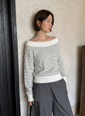 THE MIND韩系大圆领斜肩长袖针织衫女2026春季新款气质休闲上衣