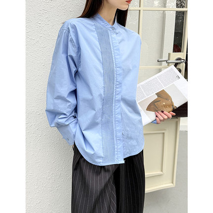 橘芷春季新款休闲重工褶皱气质圆领长袖衬衫独特纯色百搭纯色上衣