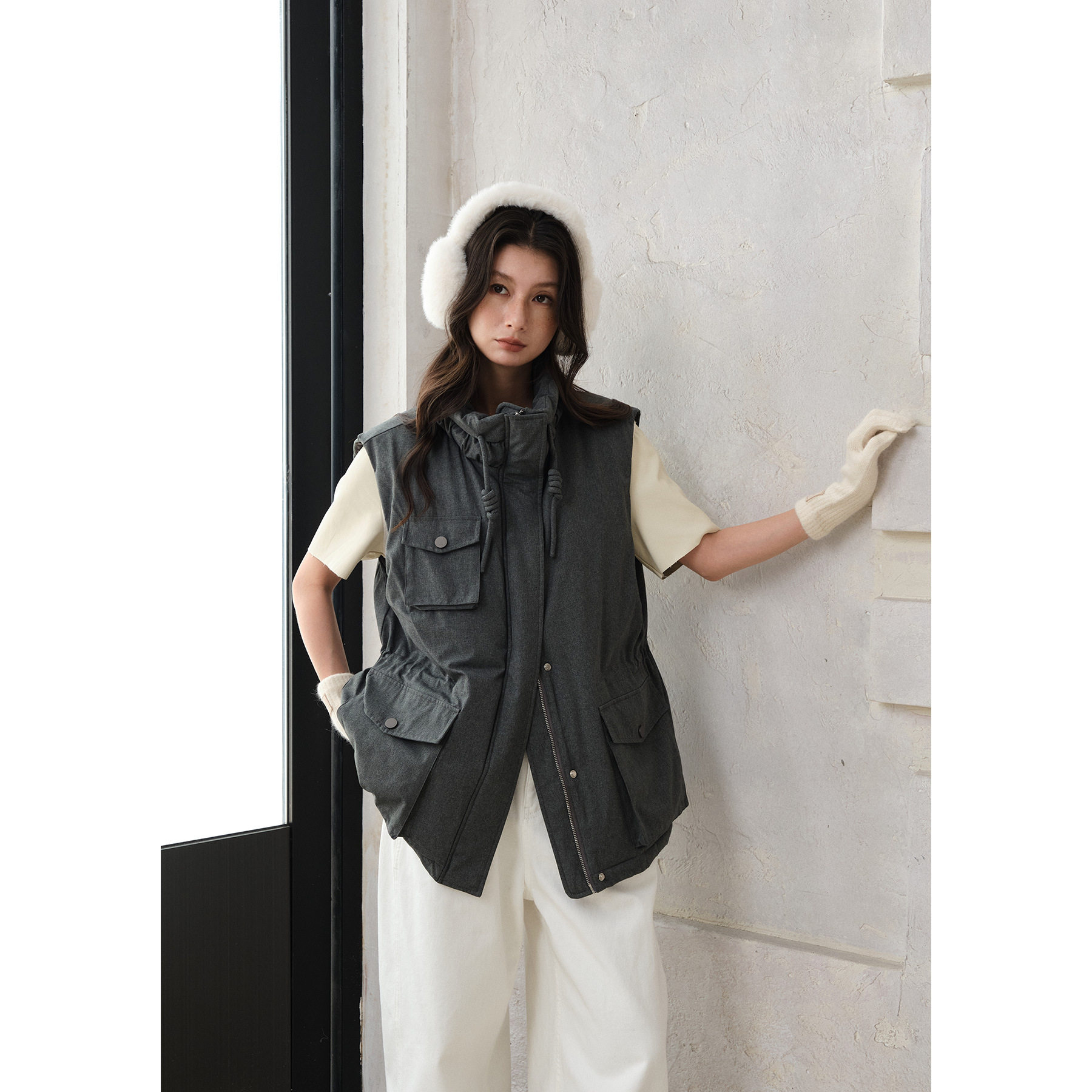 COMOS CMS90白鸭羽绒服中长款工装马甲2025秋冬季新款女外穿背心