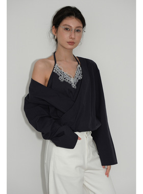 NEIHE内赫2026新款假两件蕾丝花苞长袖女式衬衫女春季小衫上衣