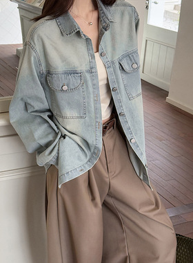 2026新款复古渐变色牛仔外套女春季叠穿内搭设计感小众翻领外套