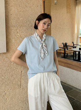 THE MIND 【配丝巾】韩系纯色短袖上衣2026春季新款女休闲百搭T恤