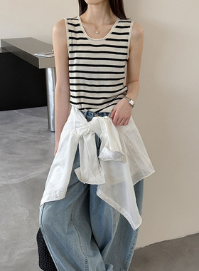2026春夏新款韩系U领5色背心女士条纹纯色无袖修身显瘦圆领上衣