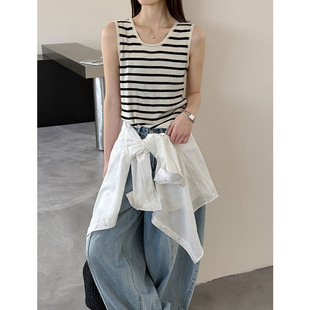 显瘦圆领上衣 修身 2026春夏新款 韩系U领5色背心女士条纹纯色无袖