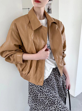 2026春季新款韩版复古翻领拉链皮衣女士翻领复古夹克百搭外套上衣