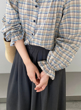 2023复古浪漫 春装木耳边格子衬衫女单排扣长袖衬衣女新款上衣