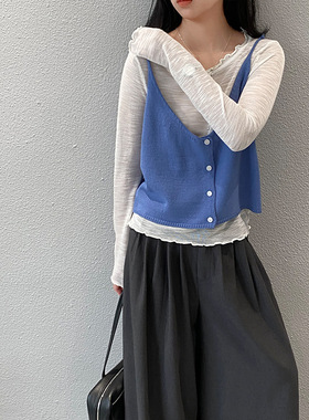 韩系木耳边撞色真两件针织衫女2026春夏新款慵懒风显瘦上衣