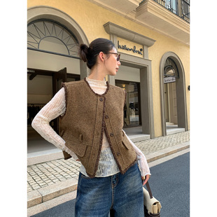 COMOS 羊毛呢毛邊女馬甲秋季 外穿時(shí)尚 高級(jí)感腰帶背心 CMS2025新款