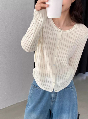 2026新款韩系卷边领镂空薄款针织开衫女早春季女士百搭羊毛上衣