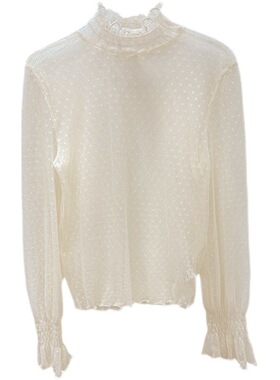 蕾丝打底衫女新款洋气木耳边高领内搭纱衣白色网纱上衣秋冬季品质