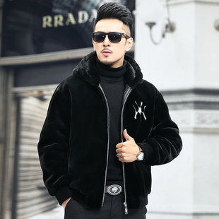 冬季新潮流金貂绒男装连帽夹克外套仿羊剪绒海宁仿水貂绒皮毛一体