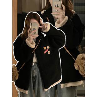 学生加厚保暖显瘦拼色棉服上衣 胖mm黑色羊羔毛外套女冬季 大码 女装