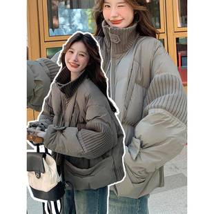 300斤大码 灰绿色针织拼接棉服女胖mm韩系慵懒风休闲加厚外套 女装